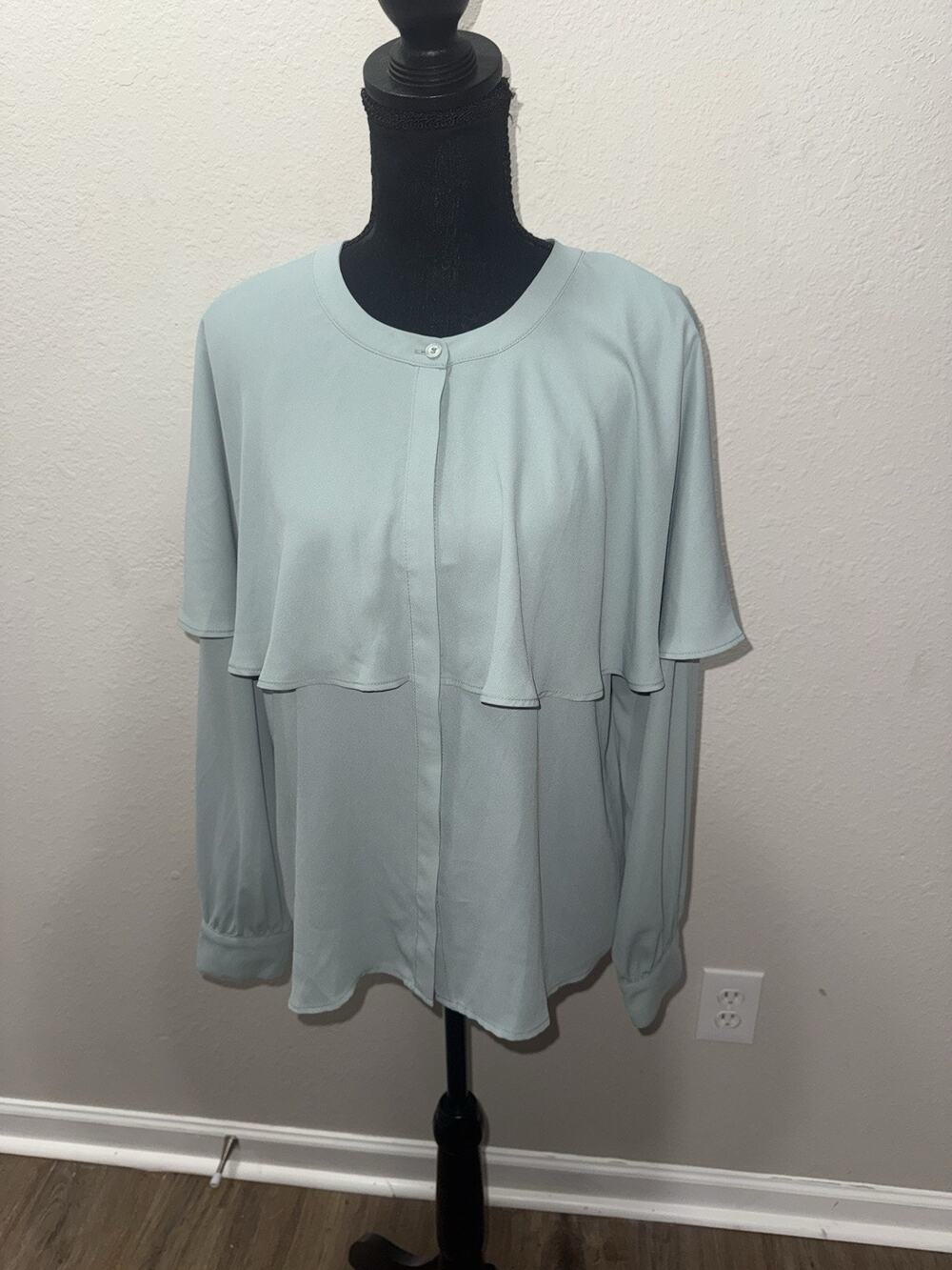 LOFT Capelet Blouse Medium Mint Blue Flounce Ruffle Overlay Long Sleeve Top M